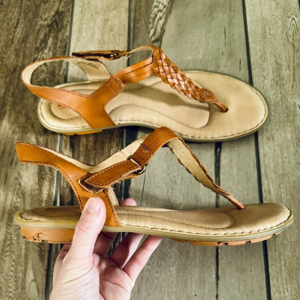 Born Tan Braided Leather T-Strap Sandals